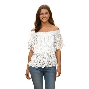 White Lace Off Shoulder Top Womens M Ruffle Boho Peplum Festival Occasion Blouse